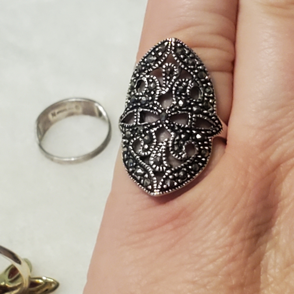 Vintage 925 Silver Marcasite Shield Ring - Art Deco Gothic, Cocktail Ring 7.5